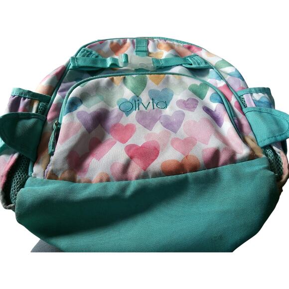 Pottery Barn Kids Green Colorful Hearts Olivia Childs Backpack - Picture 1 of 6